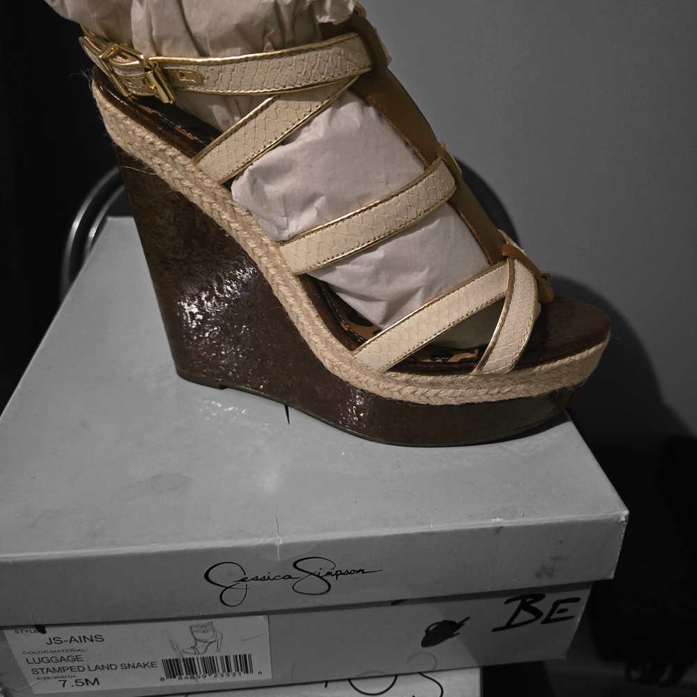 Jessica Simpson Tan and Brown Wedge Sandals